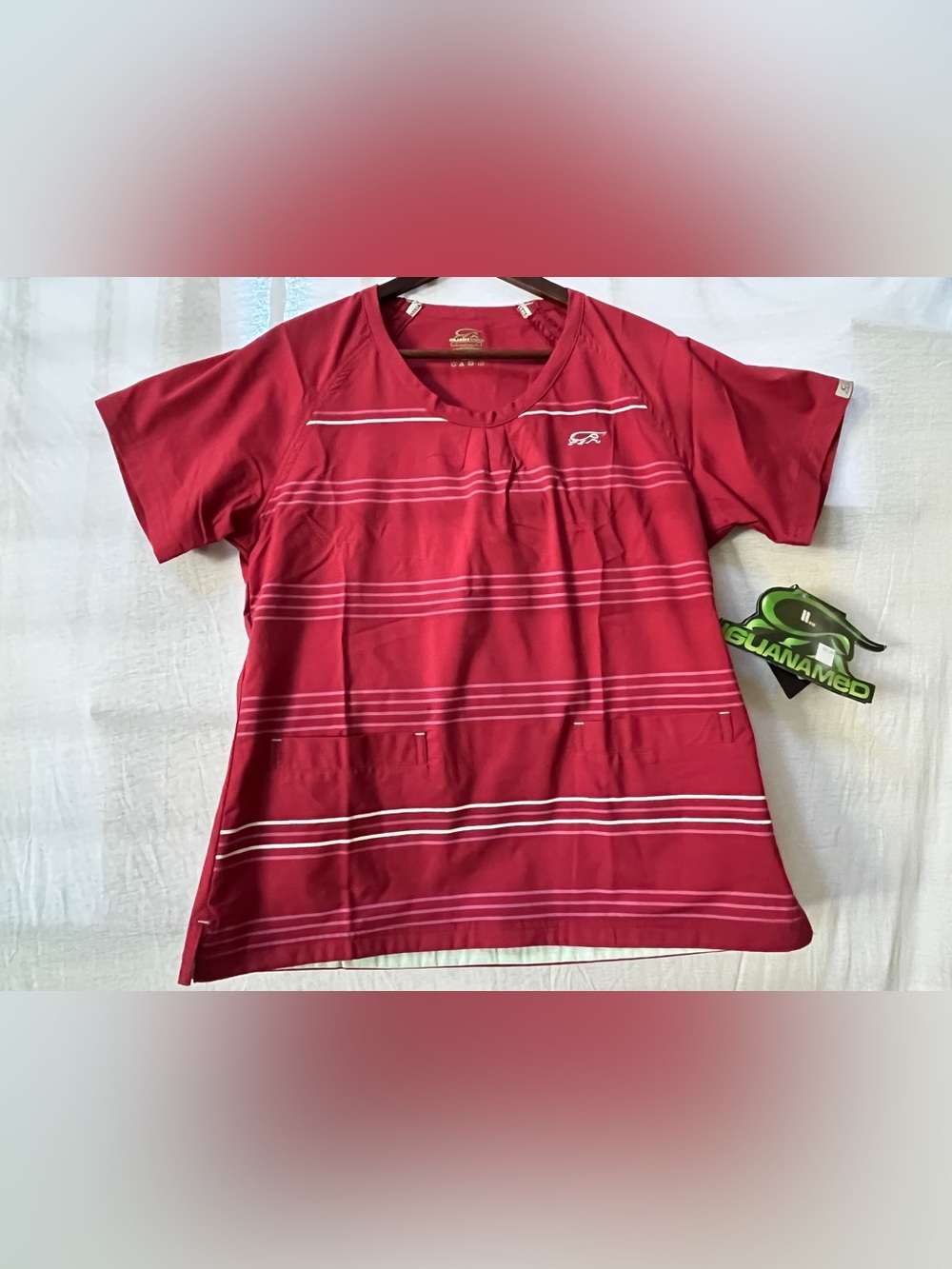 Iguana Med Red Striped scrub top medical aesthetician work Sz Small